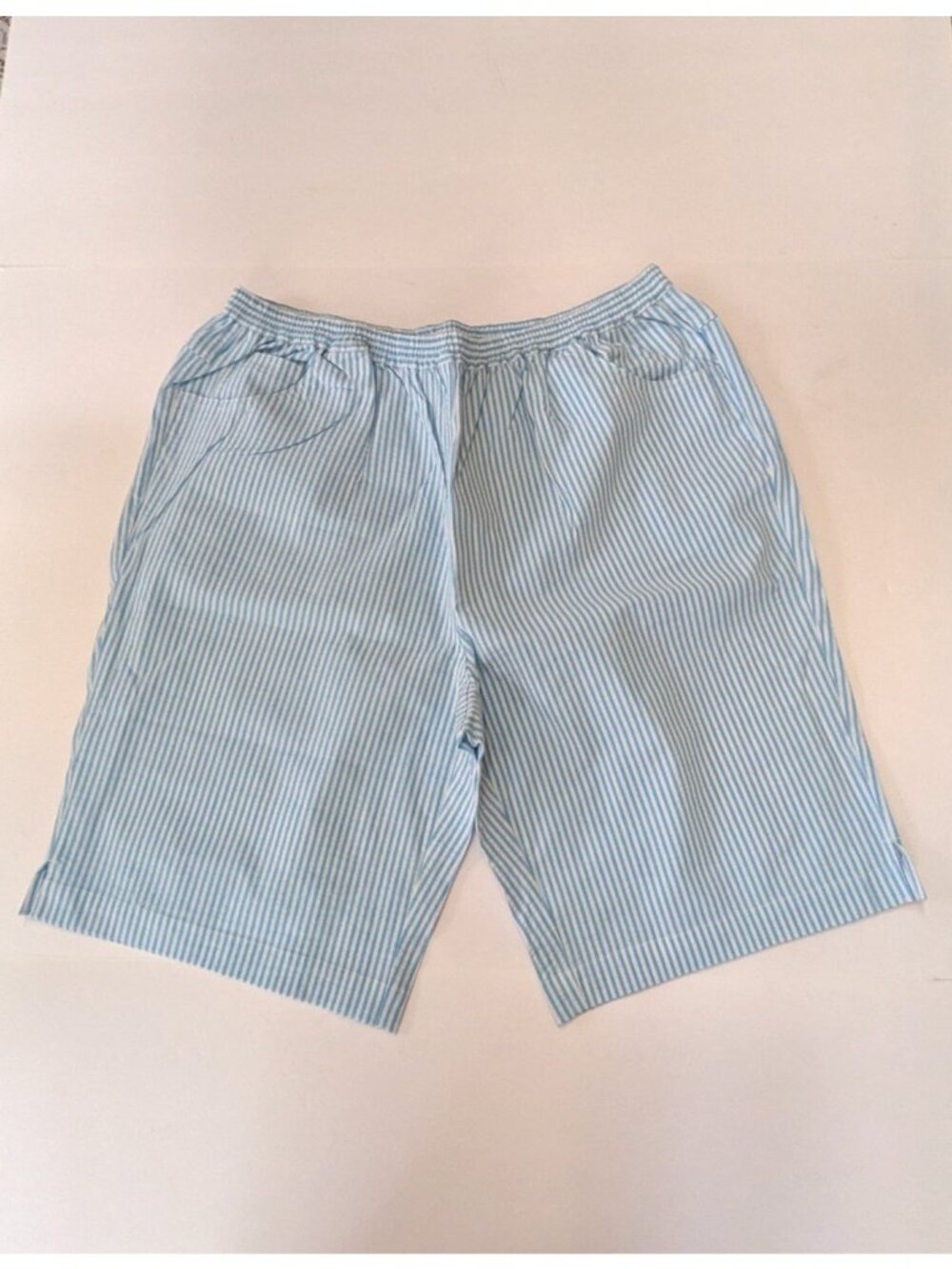 Quacker Factory Seersucker Shorts Womens 1X Blue White Stripes Pockets